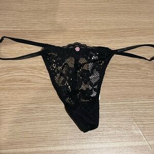 Victoria's Secret Black Floral Lace Thong with Pink Accent